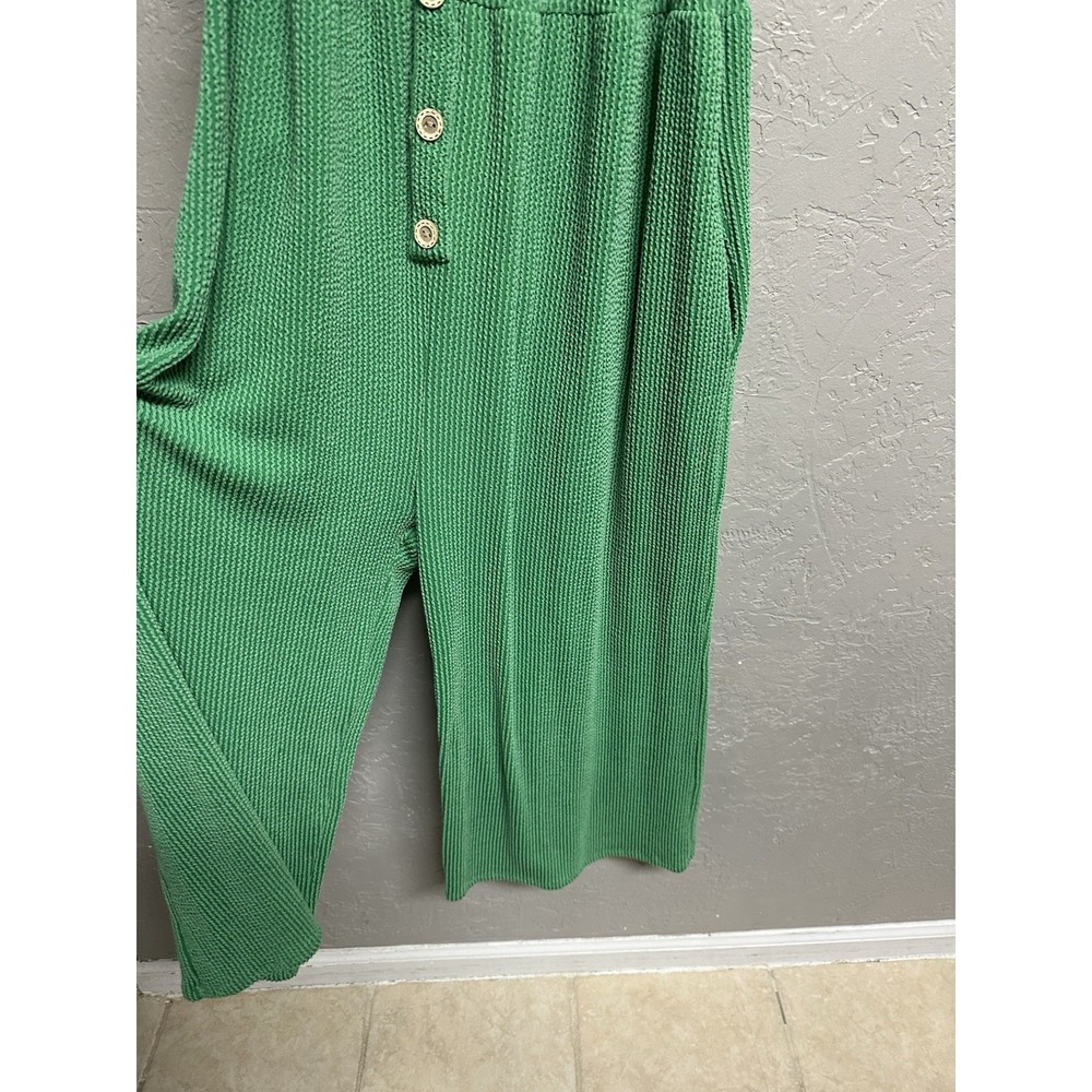 Lovely Melody Solid Green Ribbed Knit Button Front Wide Leg Romper - Picture 2 of 6